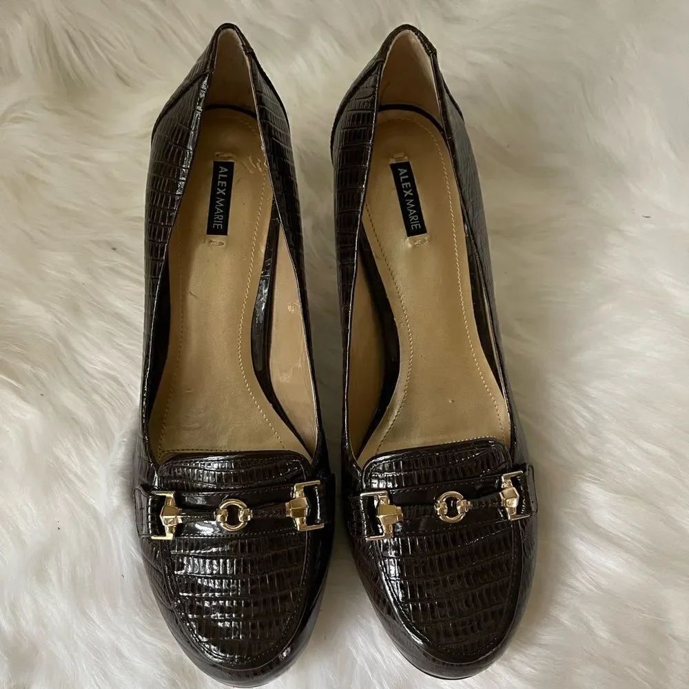 Alex Marie brown leather reptile prints 3”heels slip on with gold tone accent